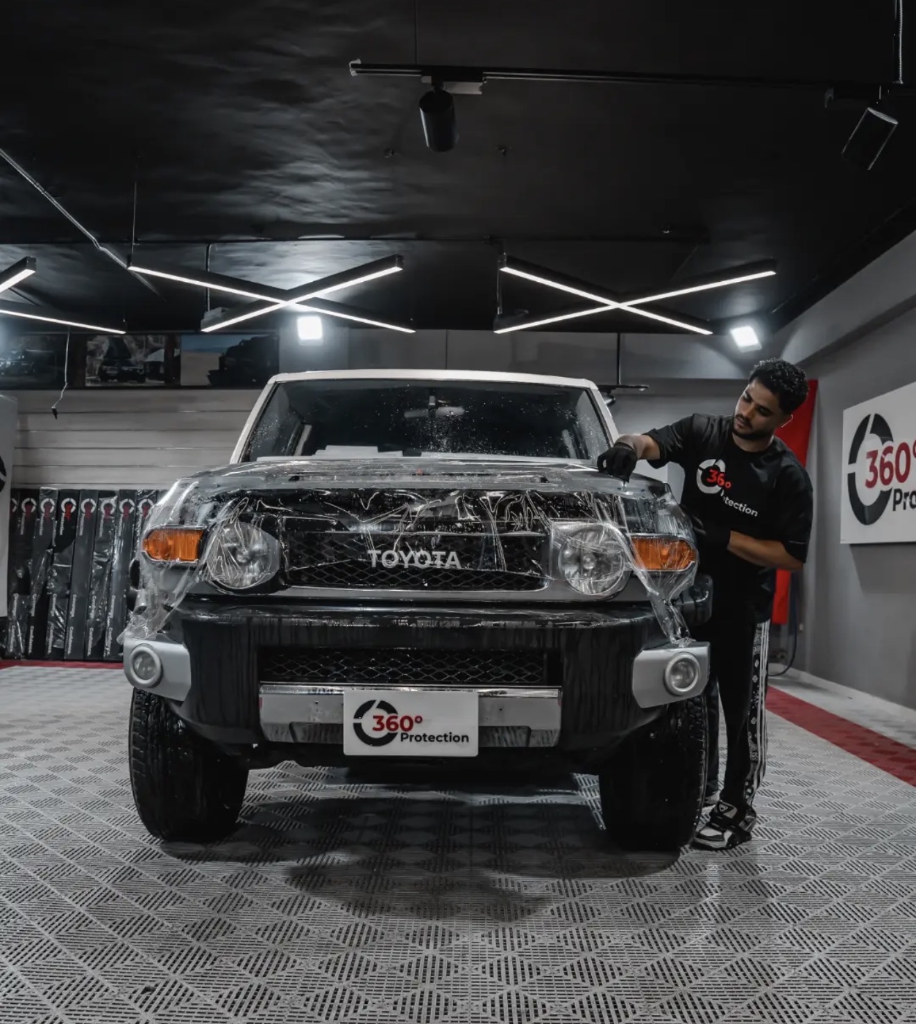 Toyota FJ Cruiser front end during PPF installation